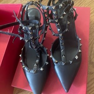 Valentino Garavani Black Rockstud Pointed Toe Ankle Strap Heels